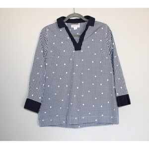 Coldwater Creek Gingham Check Plaid Polka Dot Navy Blue White Tunic Shirt Top PS